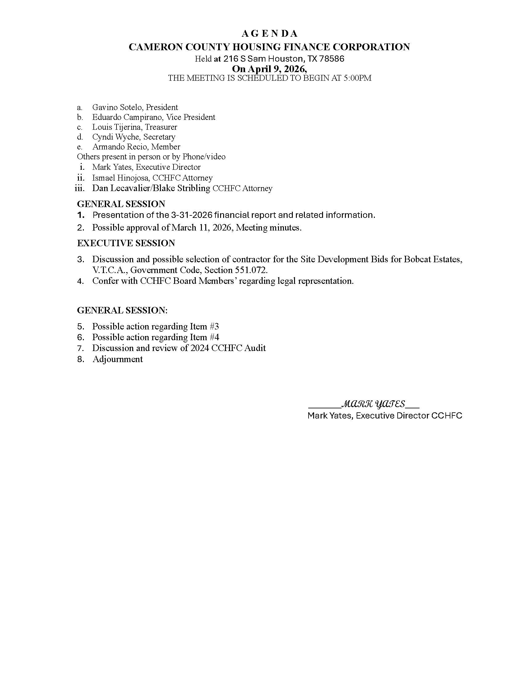 CCHFC April 9th 2026 Agenda