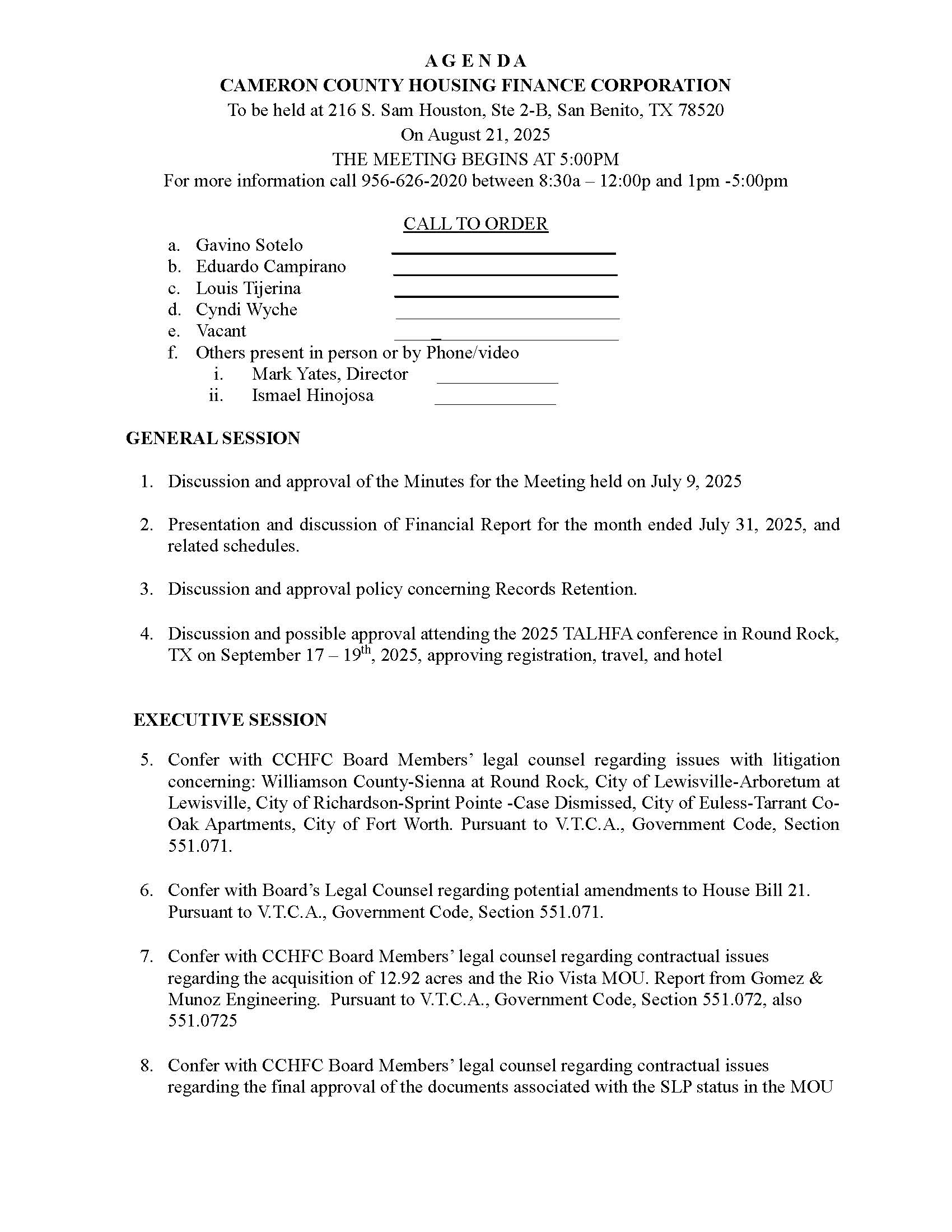 CCHFC August 21st 2025 Agenda