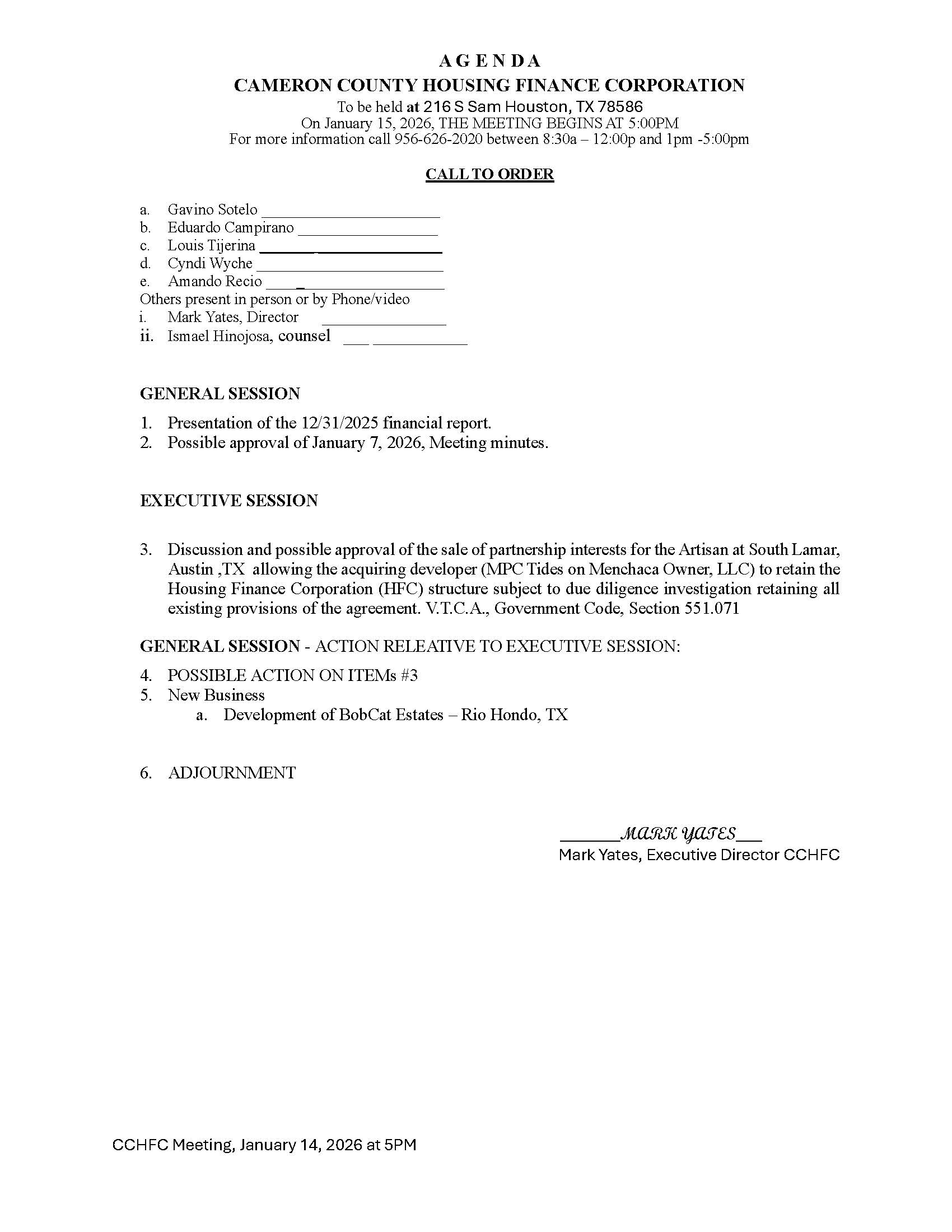 CCHFC January 15th 2026 Agenda