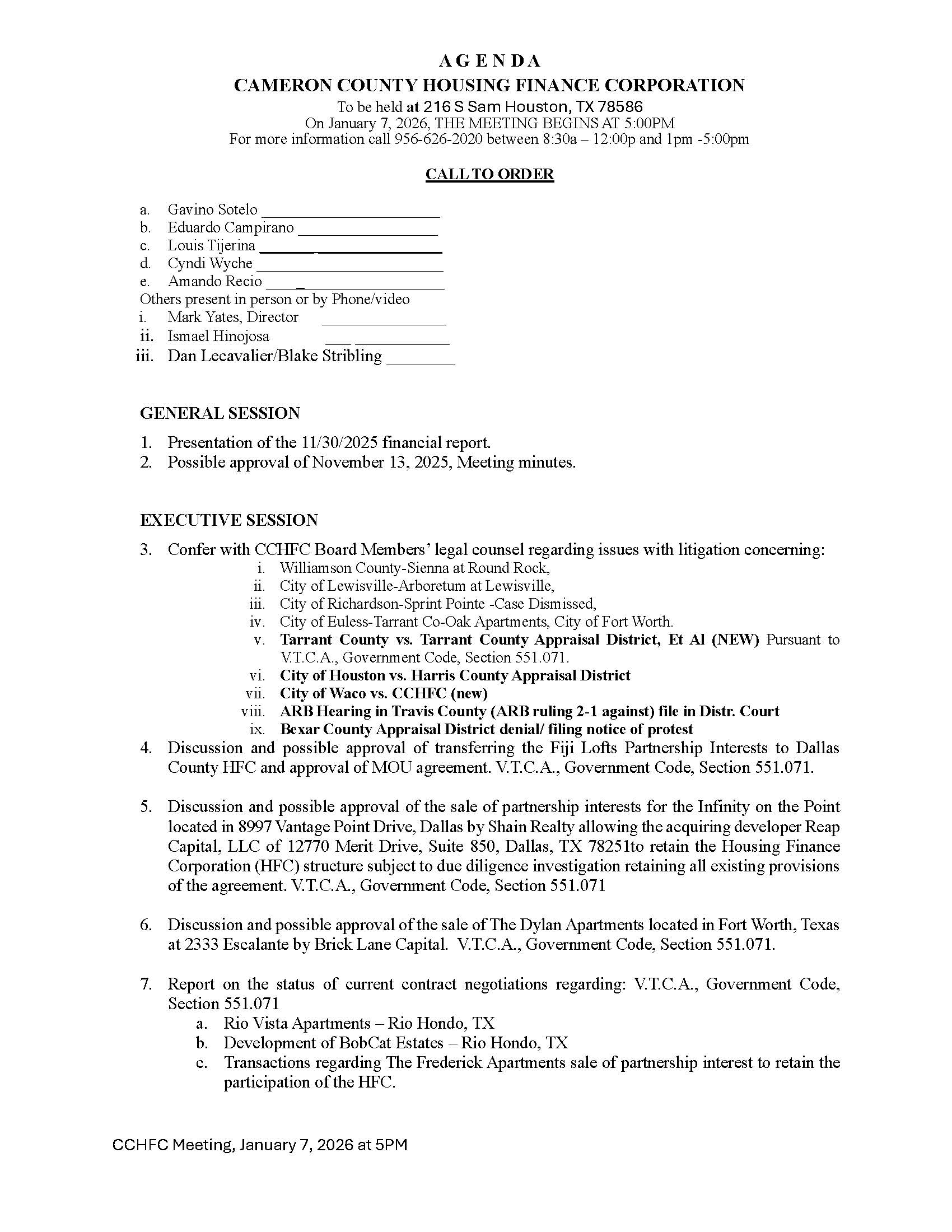 CCHFC January7th 2026 Agenda