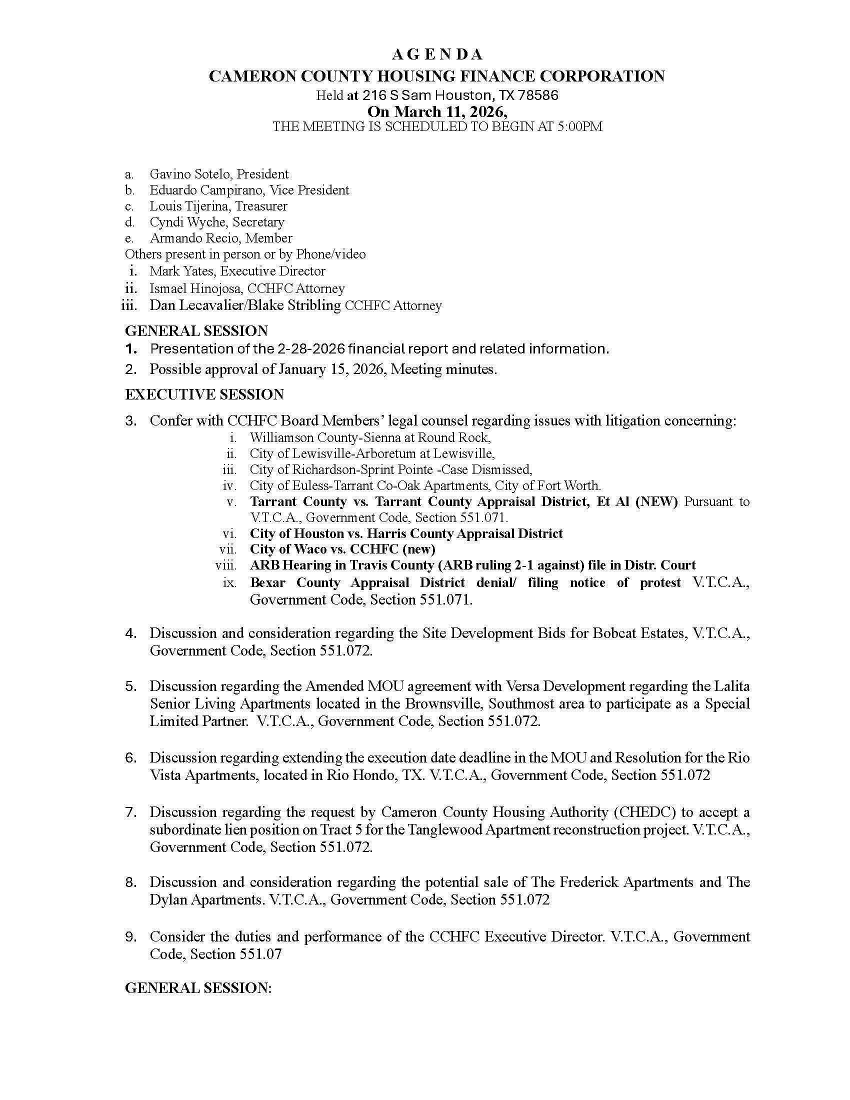 CCHFC March 11th 2026 Agenda