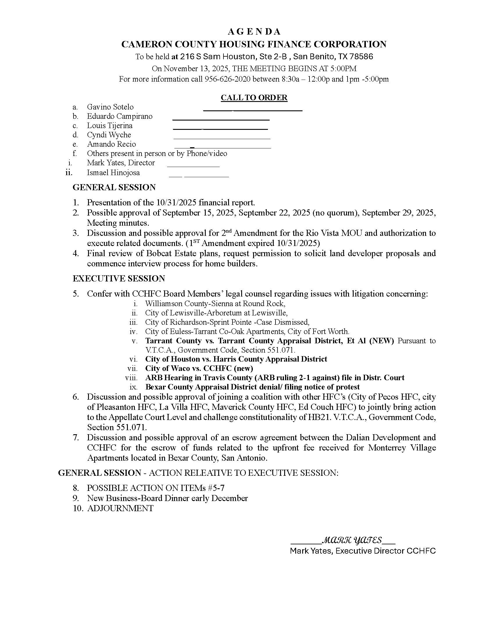CCHFC November 13th 2025 Agenda