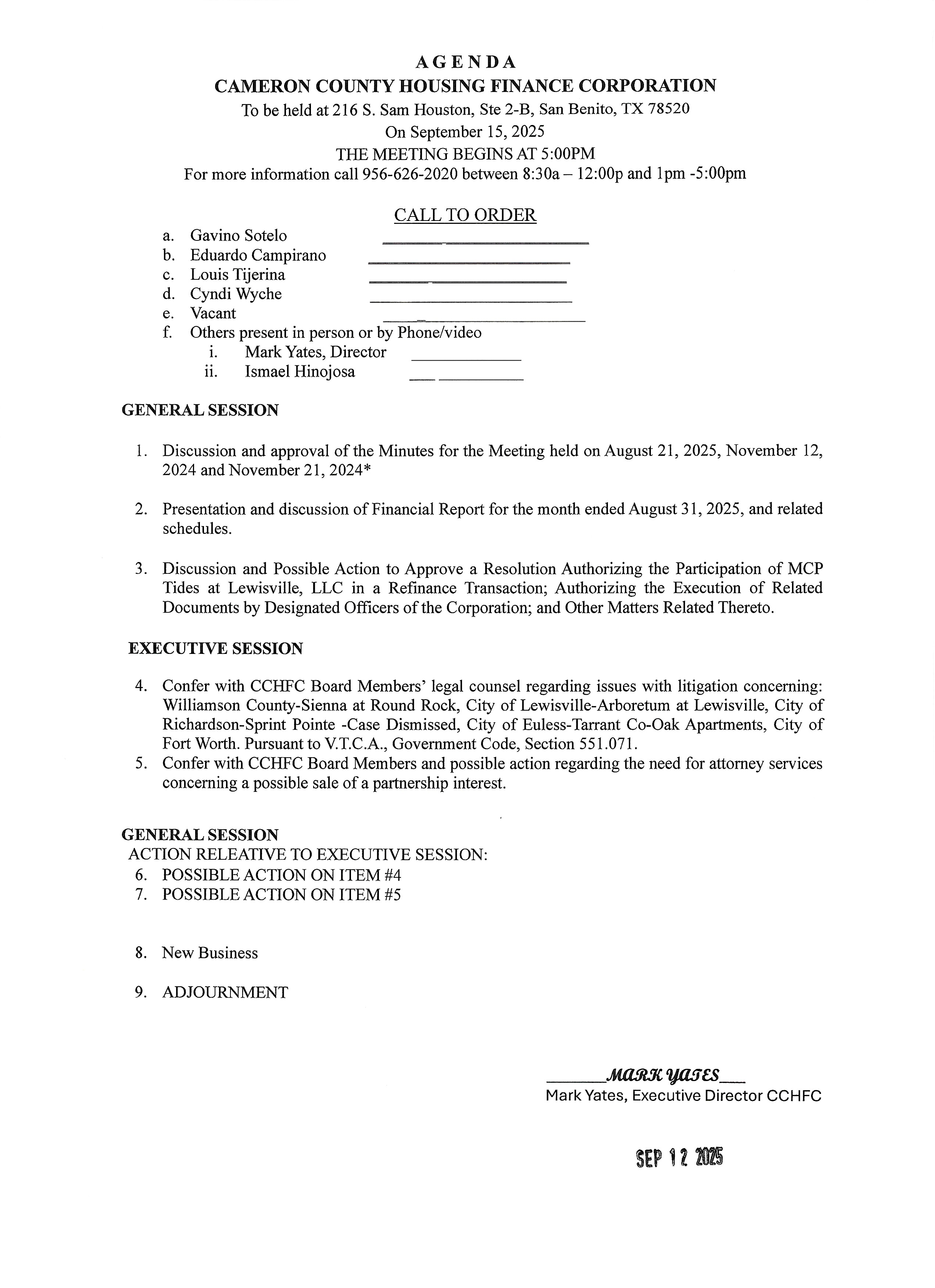 CCHFC September 15th 2025 Agenda